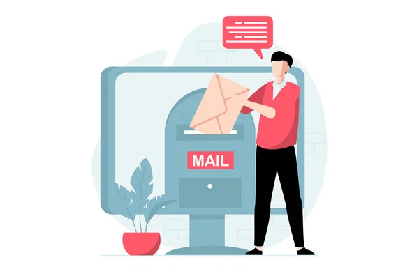 フラットデザインの人々のシーンと電子メールサービスの概念 男はメールボックスに巨大な封筒を置き コンピュータ上のメールクライアントを使用して新しい手紙を送信します ウェブのキャラクター状況とイラスト — ストック写真