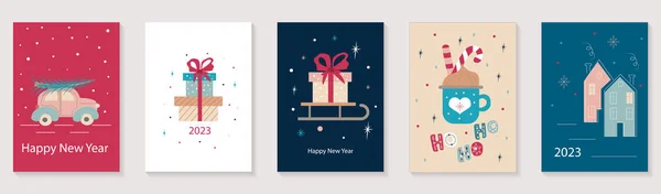 圣诞快乐 新年快乐2023小册封面设计 圣诞节最小的横幅设计与度假树在车上 可可杯 可爱的家 海报或贺卡的矢量图解 — 图库矢量图片
