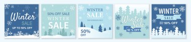 Sosyal medyadaki reklamlar için kış ve Noel kare şablonu belirlendi. Kar taneleri ve ağaçlarla dolu mavi demetler. Mobil uygulamalar, afiş tasarımı ve web reklamları için uygun. Vektör illüstrasyonu.