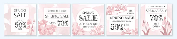春の販売の正方形のテンプレートは ソーシャルメディアの広告の投稿のために設定します 季節の花や野の花とピンクのレイアウトのバンドル モバイルアプリ バナーデザイン Web広告に適しています ベクターイラスト — ストックベクタ