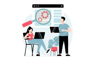 Düz dizaynlı insanların olduğu grup konseptine odaklan. Kadın ve erkek pazar araştırması yapar, alıcıları analiz eder ve ticarete reklam yaratır. Web için karakter durumuyla illüstrasyon