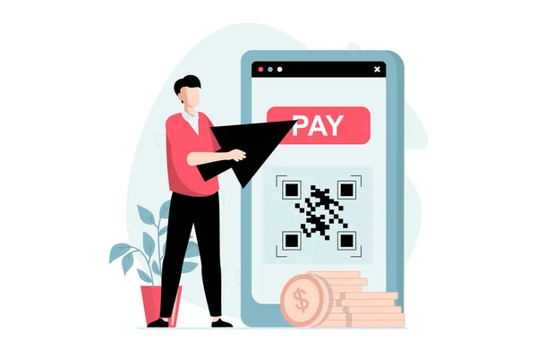 E-payment concept with people scene in flat design. Man ordering goods online and paying with secure QR code using mobile phone application. Illustration with character situation for web