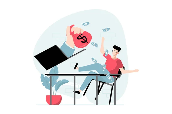 E-payment concept with people scene in flat design. Man pays for purchases with credit card, receiving cashback and bonus payments to bank account. Illustration with character situation for web