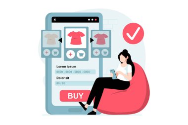 Düz dizaynlı insanların olduğu mobil ticaret konsepti. Mağazadan mal seçen bir kadın, çevrimiçi alışverişler yapıyor ve mobil uygulamadan mal sipariş ediyor. Web için karakter durumuyla illüstrasyon