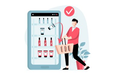 Mobil ticaret konsepti. Düz dizaynlı insanlar sahnesi. İnternet dükkanında kozmetik ürünleri seçen ve uygulamalarda online alışverişler yapan bir adam. Web için karakter durumuyla illüstrasyon