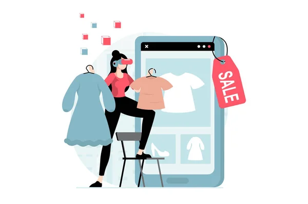 平らなデザインの人々のシーンとメタバースの概念 Vrゴーグルを装着した女性やサイバー空間での買い物 携帯電話の画面上で商品を選択します ウェブのキャラクター状況とイラスト — ストック写真