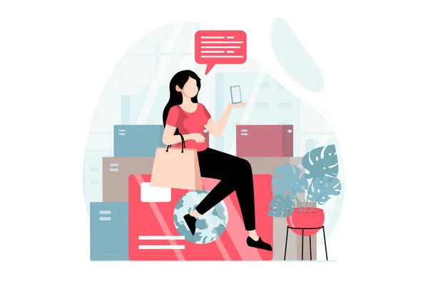 Mobile Commerce Concept People Scene Flat Design Woman Makes Online — Stock Photo, Image