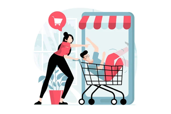 移动商务的概念与人的场景在平面设计 妇女和男子在超级市场进行网上购物 并在移动应用中订购食品 说明网页的字符情况 — 图库照片