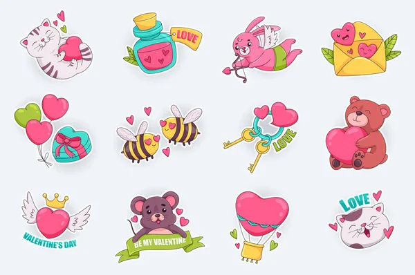 Valentine Day Cute Stickers Set Flat Cartoon Design Happy Cat — Stock Vector