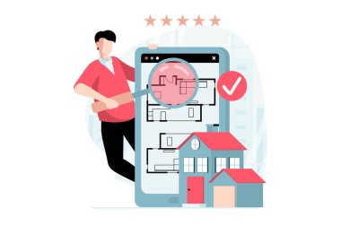 Real estate concept with people scene in flat design. Man with magnifier studies house blueprint plan in mobile app before choosing and buying. Illustration with character situation for web clipart