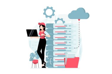 Düz dizaynlı insanların sunucu bakımı konsepti. Bilgisayar mühendisi olarak çalışan bir kadın sunucu odasında bulut hesaplama yapıyor. Web için karakter durumuyla illüstrasyon