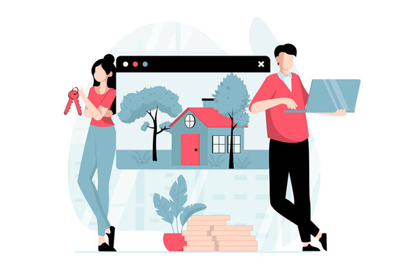 Real estate concept with people scene in flat design. Man and woman invest in new house, get keys of new home and sign contract with realtor. Illustration with character situation for web