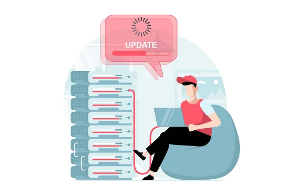 Server maintenance concept with people scene in flat design. Man working at server rack hardware room, updates and optimization computer systems. Illustration with character situation for web