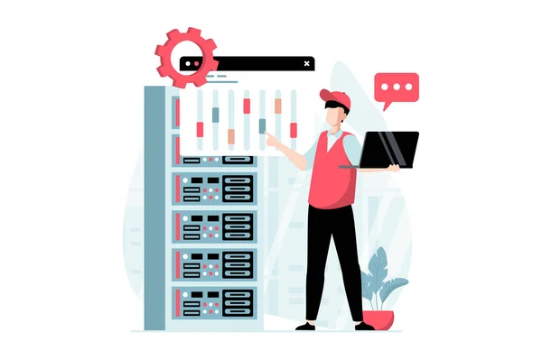 Server maintenance concept with people scene in flat design. Man working at server rack, settings hardware room equipment and optimization system. Illustration with character situation for web
