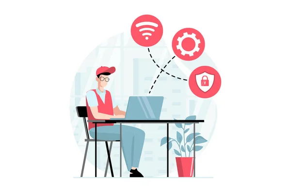 Server maintenance concept with people scene in flat design. Man settings secure wi fi connection on laptop, fixing system and supports software. Illustration with character situation for web