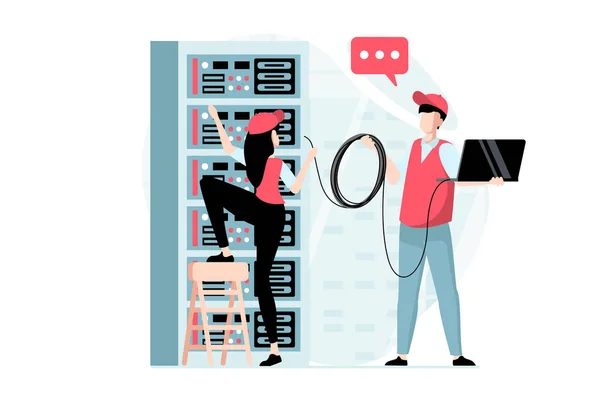 Server maintenance concept with people scene in flat design. Man and woman working as tech engineers team and fixing cables at server racks room. Illustration with character situation for web