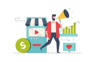 Düz çizgi film dizaynında insanların sahne aldığı dijital pazarlama kavramı. Reklam kampanyası yapan ve sosyal medyada izleyicilere duyuru yapan bir adam. Web için karakter durumu olan vektör illüstrasyonu