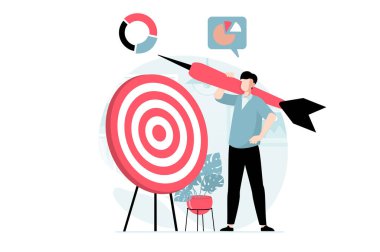 Strategic planning concept with people scene in flat design. Man analyzes data and market trends, finds new solutions and creates targeting. Illustration with character situation for web clipart