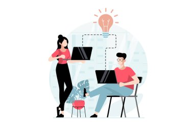 Düz dizaynlı insanlarla takım çalışması konsepti. Erkek ve kadın ofiste dizüstü bilgisayarlar üzerinde çalışır, fikirler üretir, görevleri tartışır, proje üzerinde işbirliği yaparlar. Web için karakter durumuyla illüstrasyon