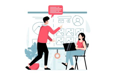 UI ve UX tasarım konsepti. İnsanlar düz bir şekilde sahne alıyor. Erkek ve kadın tasarımcılar tasarımı geliştirir ve fikirleri tartışır, sayfayı optimize eder ve kişiselleştirirler. Web için karakter durumuyla illüstrasyon