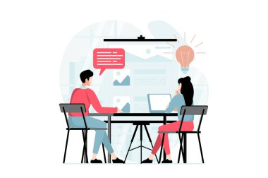 UI ve UX tasarım konsepti. İnsanlar düz bir şekilde sahne alıyor. Erkek ve kadın tasarımcı olarak çalışır, beyin fırtınası yapar ve uygulamalar için arayüzler yaratır. Web için karakter durumuyla illüstrasyon