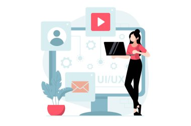 UI ve UX tasarım konsepti. İnsanlar düz bir şekilde sahne alıyor. Kadın tasarımcı olarak çalışır, arayüz ve içerik yaratır, şablona düğmeler yerleştirir. Web için karakter durumuyla illüstrasyon