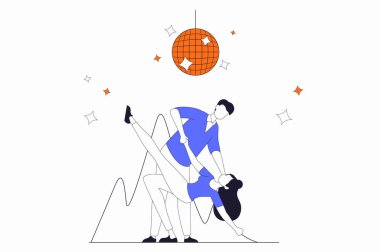 Düz ana hatlı tasarımda insanların sahne aldığı hobi konsepti. Erkek ve kadın dans edip dans ediyorlar. Dans pistinde dans ediyorlar. Web için çizgi karakter durumu olan vektör illüstrasyonu