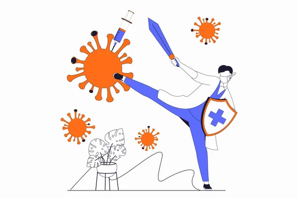 科罗纳维勒斯的概念与人的场景在平面轮廓设计中 医生用剑和盾牌对抗病毒 保护健康和免疫力 带直线字符情况的网页矢量图解 — 图库矢量图片
