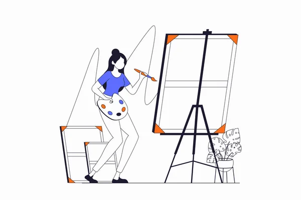 平面空间设计中的人脸概念 女艺术家在画架上画画 在艺术工作室度过闲暇时间和学习 带直线字符情况的网页矢量图解 — 图库矢量图片