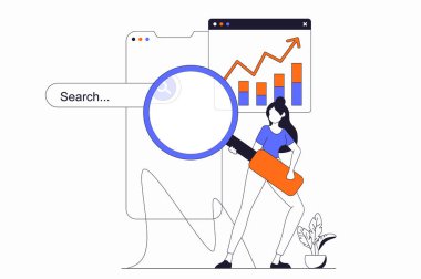 Düz bir tasarım ile insanların sahnesini optimizasyon konsepti. İnternet sitesi hakkında araştırma yapan bir kadın trafik verileri ve ölçümleri optimize ediyor. Web için çizgi karakter durumu olan vektör illüstrasyonu