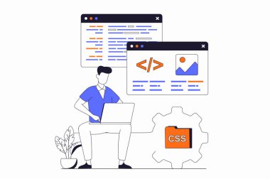 Düz ana hatlı tasarımla insanların sahne aldığı web geliştirme konsepti. Bilgisayar kullanarak farklı ekranlarda kod ve web sitesi düzeniyle çalışan bir adam. Web için çizgi karakter durumu olan vektör illüstrasyonu