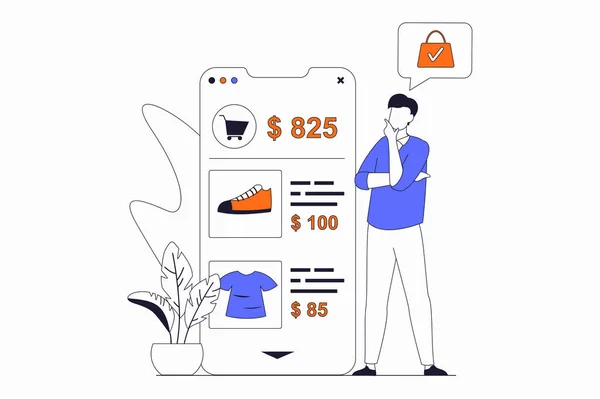 Online Shopping Concept People Scene Flat Outline Design Man Chooses — Stock Vector