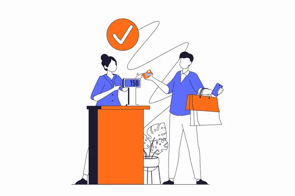 Shopping Concept People Scene Flat Outline Design Man Makes Purchases — Stock Vector