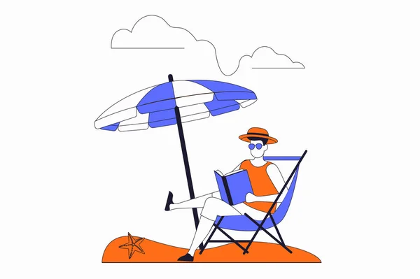 平面设计中的旅游度假理念与人物形象 人坐在阳光下 躺在伞下看书 在度假胜地休息 带直线字符情况的网页矢量图解 — 图库矢量图片