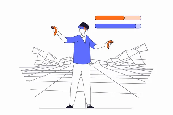 Virtual reality concept with people scene in flat outline design. Man in VR headset and controllers interacts with augmented reality space. Vector illustration with line character situation for web