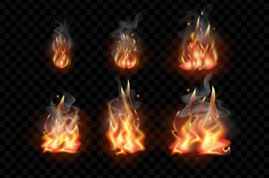 Gerçekçilik dizaynında yanan ateş 3D. Alevlerin duman ve kıvılcımlarla dolu farklı aşamaları, yanan efektler, parlayan alevler veya izole edilmiş kamp ateşi elementleri. Görüntü