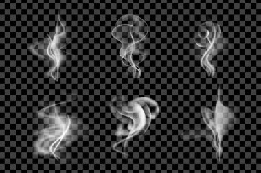 Buhar dumanı 3D gerçekçilik tasarımı. Çay, kahve, sigara ya da nargile efektleri, sis ve sis izole gerçekçi elementler için farklı türde kavisli duman akışı. Görüntü