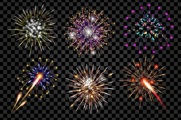 Feuerwerksexplosionen Realistischem Design Bunt Funkelnde Salutschüsse Feuerwerkskörper Blitzen Vor Transparentem — Stockfoto