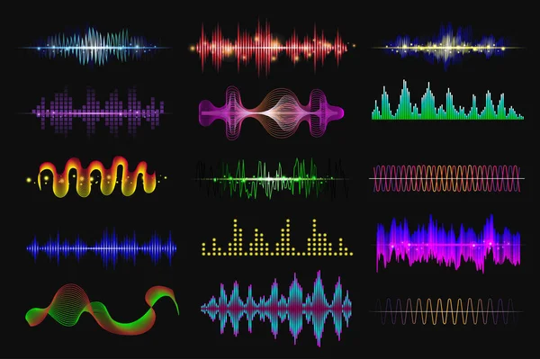 Sound waves set in cartoon design. Bundle of different shapes of frequency audio waveform, music wave effect for equalizer, colorful musical vibrations isolated flat elements. Illustration