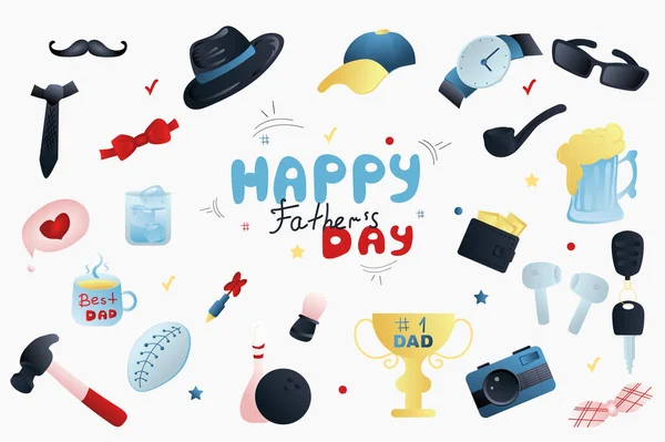 Father day holiday isolated elements set in flat design. Bundle of mustache, tie, hat, cap, wristwatch, glasses, tube, beer glass, key, camera, gold cup, shaving brush and other. Vector illustration.