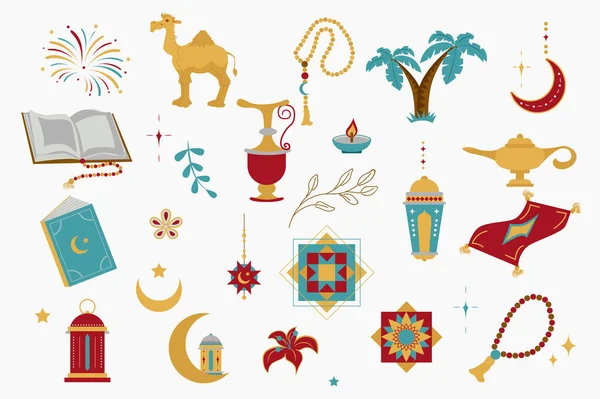 Ramadan Vakantie Geïsoleerde Elementen Plat Design Bundel Koran Kameel Rozenkrans — Stockvector