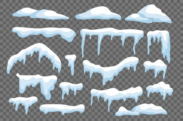 フラットデザインに設定されたつらら分離要素と雪のキャップ 屋根の上に異なる形状の雪のキャップ 雪のドリフトと雪の氷のバンドル 季節的な気象フレームと冬の国境 ベクターイラスト — ストックベクタ