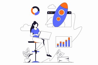 Düz bir tasarım içinde insanların sahne aldığı iş aktiviteleri konsepti. Kadın kalkınma stratejisi yaratır ve başarılı bir başlangıç başlatır. Web için çizgi karakter durumu illüstrasyonu