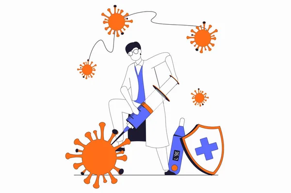Coronavirus Konzept Mit Menschen Szene Flachem Design Arzt Mit Spritze — Stockfoto