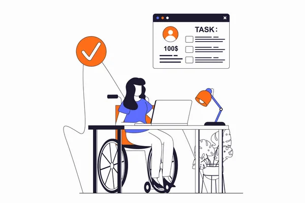 Düz Tasarım Içinde Insanlarla Serbest Çalışma Konsepti Tekerlekli Sandalyedeki Engelli — Stok fotoğraf