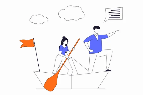 Leadership concept with people scene in flat outline design. Man and woman are sailing on boat, leader indicates direction for business team. Illustration with line character situation for web