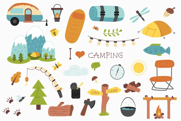 Camping and hiking isolated elements set in flat design. Bundle of trailer, sleeping bag, mat, tent, mountains, fishing rod, forest trees, firewood, canned food, ax and other. Illustration.