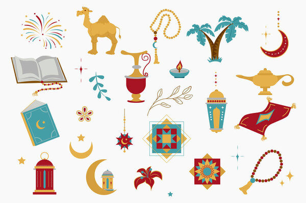 Ramadan holiday isolated elements set in flat design. Bundle of quran, camel, rosary, coffee pot, candle, palm trees, crescent moon, flower, mosque and other traditional symbols. Illustration.