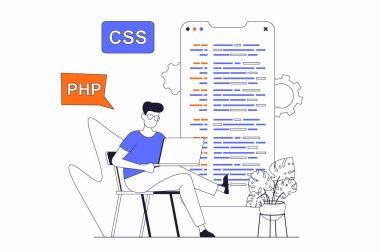 Düz ana hatlı tasarımda insanlarla birlikte çalışan programcılar. İnsan geliştirici kodla çalışır, hatayı düzeltir ve mobil uygulama yaratır. Web için çizgi karakter durumu illüstrasyonu