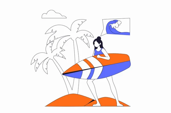 平面设计中的旅游度假理念与人物形象 女人带着船 准备在热带岛屿度假胜地的海浪中冲浪 带有Web行字符情况的说明 — 图库照片